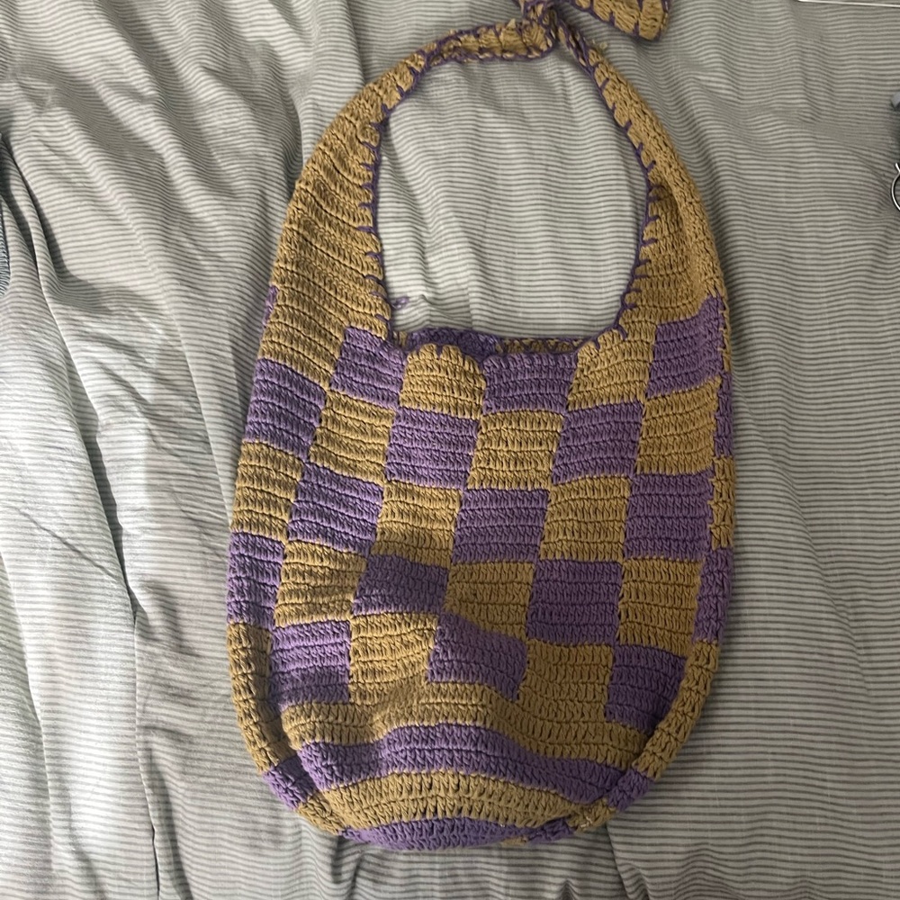 Purple and Tan Checkered Crochet Bag